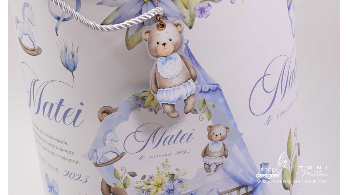 Trusou botez cu ursuleti ponei si flori albastre Teddy Bear Blue 16